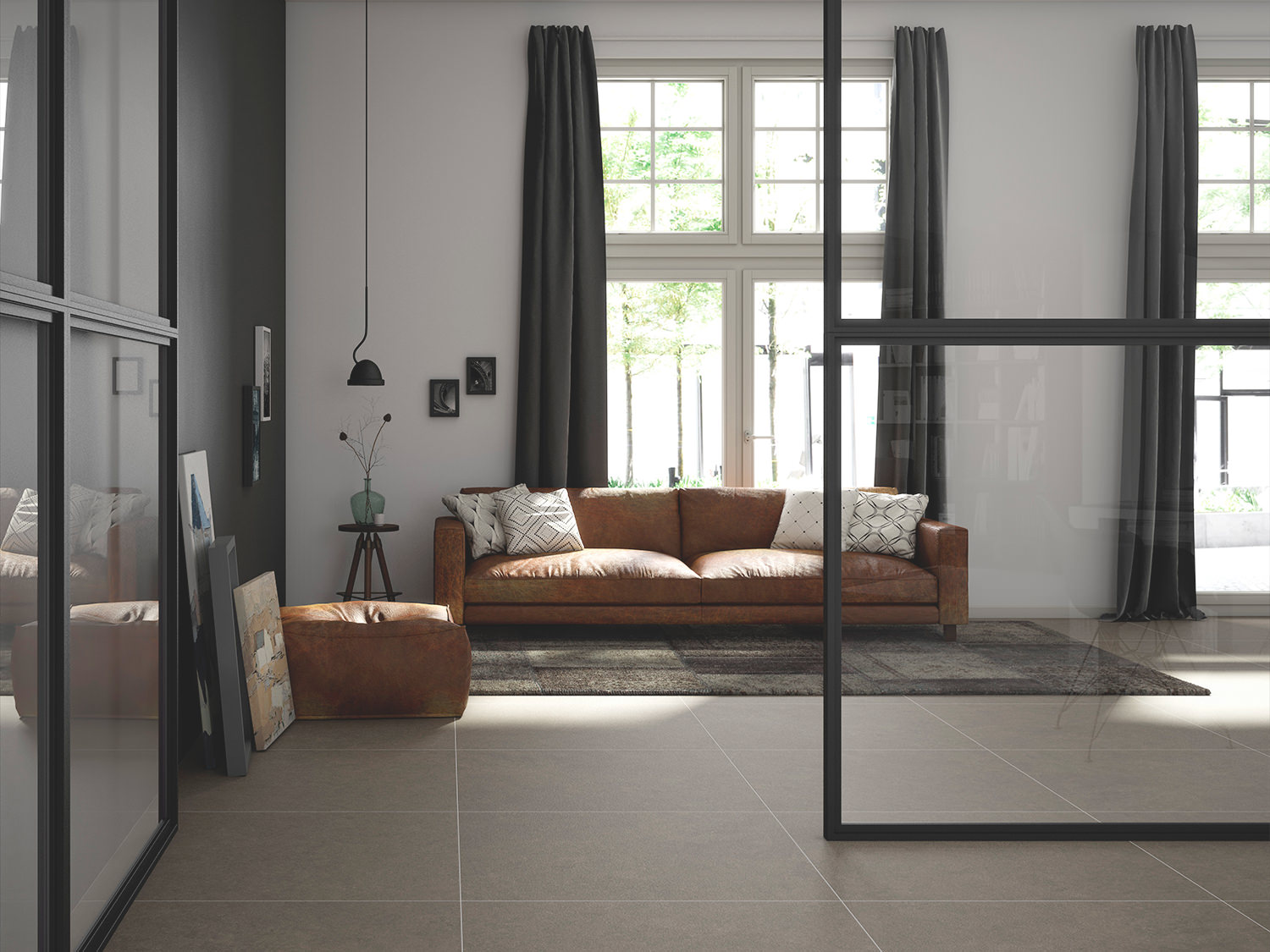 INALCO-salon-Berna Minimalista y elegante salón con espacios delimitados pavimentado con la serie Berna de Inalco. Representación en 3D.