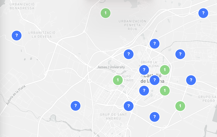 Posicionamiento SEO en Castellón de la Plana. Mapa de puntos de la aplicación Local Rocket donde indica la posición en distintas ubicaciones de la ciudad de un negocio para una determinada palabra clave