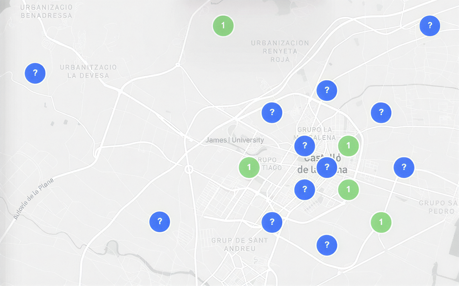 Mapa de Castellón donde se marca la posición en el ranking de Google Maps en distintas localizaciones de la ciudad