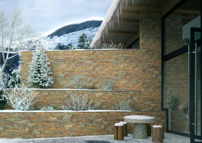 Terraza de residencia vacacional revestida con materiales de la serie Natur de Tercocer. Representación en 3D.